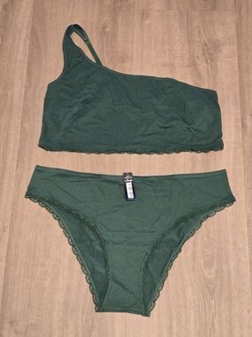 New w/ Tags - BootyBag Green Lace Trim One-Shoulder Bralette & Bikini Set